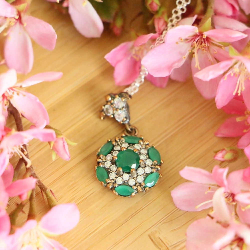 Sterling Silver Jade Stones and Cubic Zirconia - Picture 2 of 7